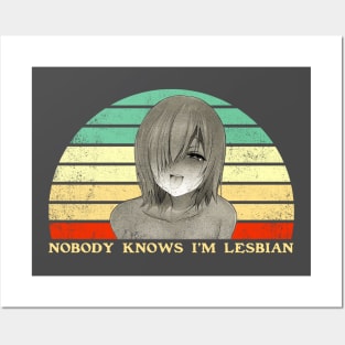 Nobody Knows I'm A Lesbian - Lesbian Anime Pun - Retro Sunset Posters and Art